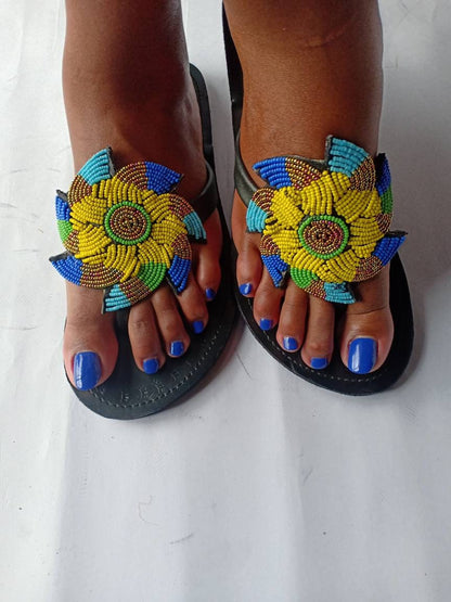 Handmade African Beaded Sandals/Authentic Maasai-Style Leather Flip-Flops Women/Boho Beach Sandals/Comfortable Summer Sandal African Gifts