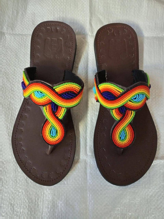 Handmade African Beaded Sandals/Authentic Maasai-Style Leather Flip-Flops Women/Boho Beach Sandals/Comfortable Summer Sandal African Gifts