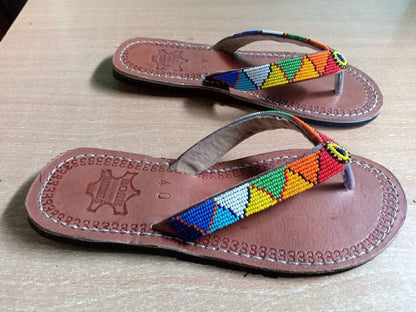 Handmade African Beaded Sandals/Authentic Maasai-Style Leather Flip-Flops Women/Boho Beach Sandals/Comfortable Summer Sandal African Gifts