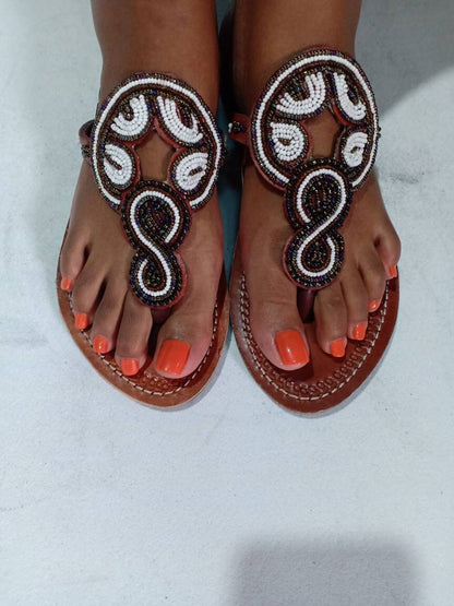 Handmade African Beaded Sandals/Authentic Maasai-Style Leather Flip-Flops Women/Boho Beach Sandals/Comfortable Summer Sandal African Gifts