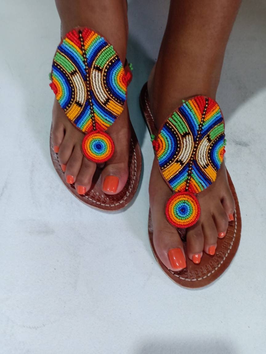 Handmade African Beaded Sandals/Authentic Maasai-Style Leather Flip-Flops Women/Boho Beach Sandals/Comfortable Summer Sandal African Gifts