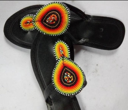 Handmade African Beaded Sandals/Authentic Maasai-Style Leather Flip-Flops Women/Boho Beach Sandals/Comfortable Summer Sandal African Gifts