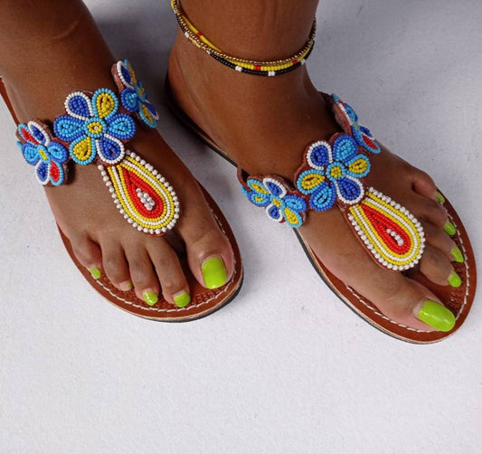 Handmade African Beaded Sandals/Authentic Maasai-Style Leather Flip-Flops Women/Boho Beach Sandals/Comfortable Summer Sandal African Gifts