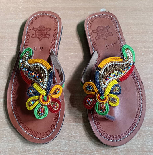 Handmade African Beaded Sandals/Authentic Maasai-Style Leather Flip-Flops Women/Boho Beach Sandals/Comfortable Summer Sandal African Gifts