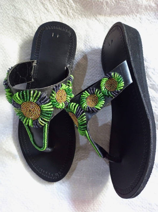 Handmade African Beaded Sandals/Authentic Maasai-Style Leather Flip-Flops Women/Boho Beach Sandals/Comfortable Summer Sandal African Gifts