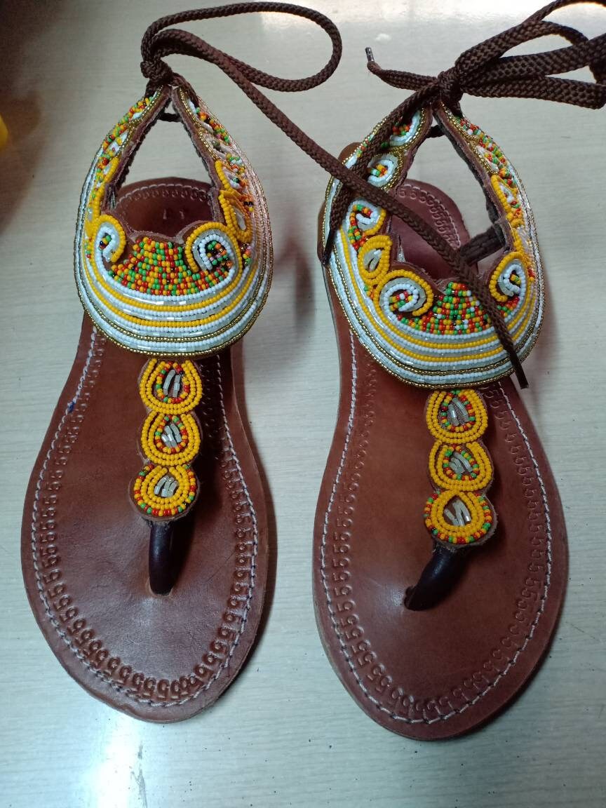Handmade African Beaded Sandals/Authentic Maasai-Style Leather Flip-Flops Women/Boho Beach Sandals/Comfortable Summer Sandal African Gifts