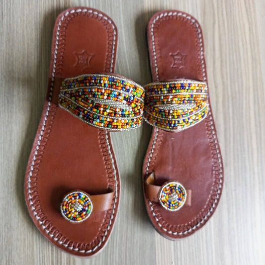 Handmade African Beaded Sandals/Authentic Maasai-Style Leather Flip-Flops Women/Boho Beach Sandals/Comfortable Summer Sandal African Gifts