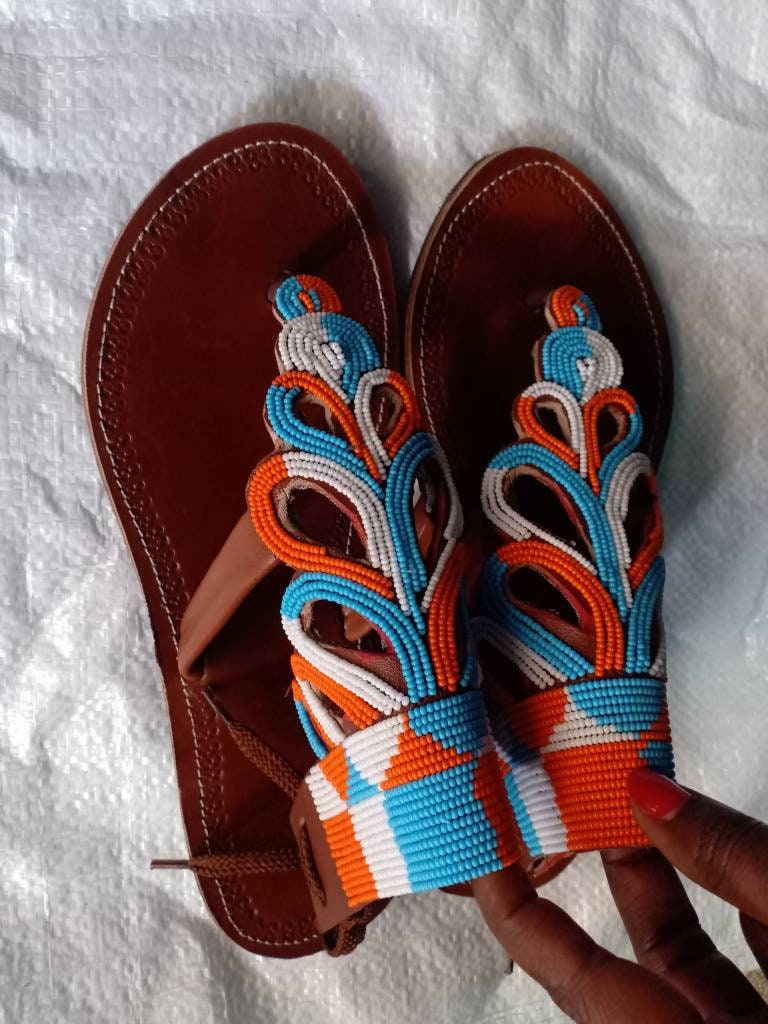 Handmade African Beaded Sandals/Authentic Maasai-Style Leather Flip-Flops Women/Boho Beach Sandals/Comfortable Summer Sandal African Gifts