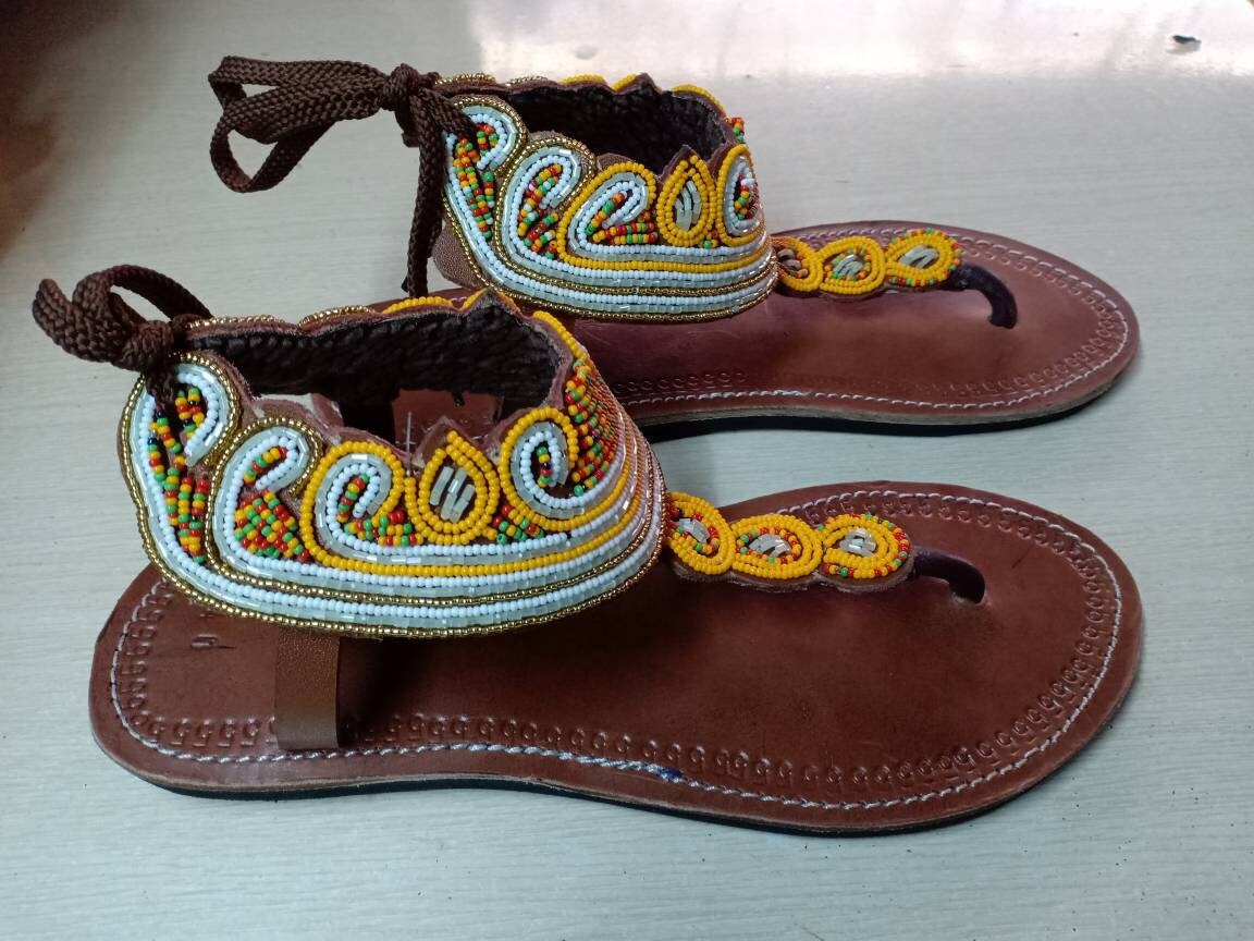 Handmade African Beaded Sandals/Authentic Maasai-Style Leather Flip-Flops Women/Boho Beach Sandals/Comfortable Summer Sandal African Gifts
