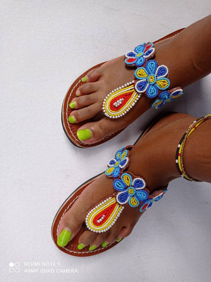 Handmade African Beaded Sandals/Authentic Maasai-Style Leather Flip-Flops Women/Boho Beach Sandals/Comfortable Summer Sandal African Gifts