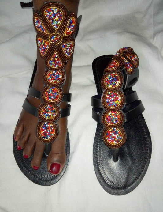 Handmade African Beaded Sandals/Authentic Maasai-Style Leather Flip-Flops Women/Boho Beach Sandals/Comfortable Summer Sandal African Gifts