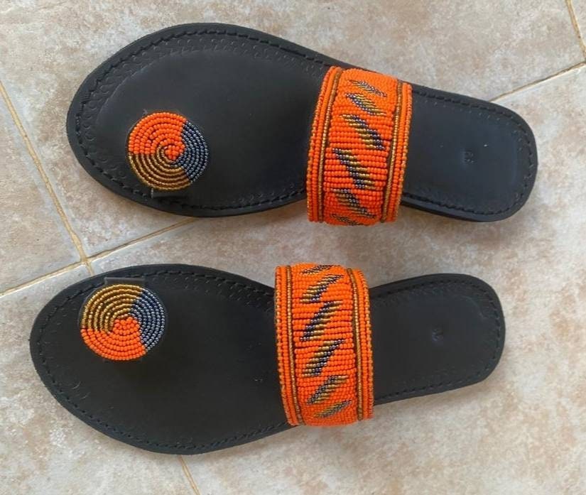 Handmade African Beaded Sandals/Authentic Maasai-Style Leather Flip-Flops Women/Boho Beach Sandals/Comfortable Summer Sandal African Gifts