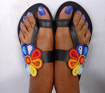 Handmade African Beaded Sandals/Authentic Maasai-Style Leather Flip-Flops Women/Boho Beach Sandals/Comfortable Summer Sandal African Gifts