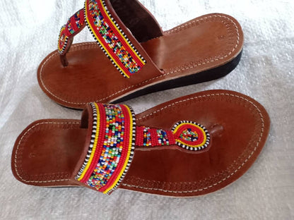 Handmade African Beaded Sandals/Authentic Maasai-Style Leather Flip-Flops Women/Boho Beach Sandals/Comfortable Summer Sandal African Gifts