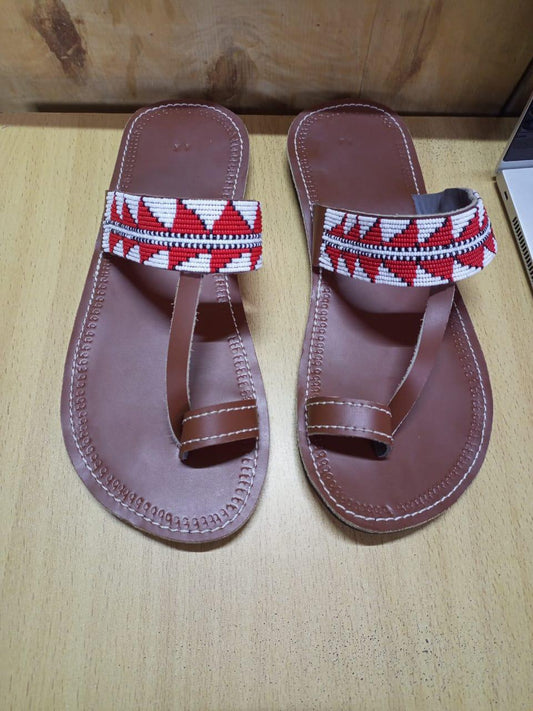 Handmade African Men's Sandals/Genuine Leather Beaded Flip-Flops/Comfortable Summer Sandals for Men/African Shoes/Unique Gift for Him