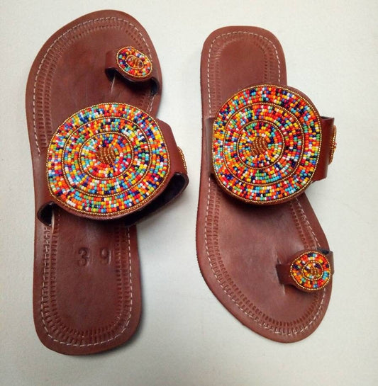 Handmade African Beaded Sandals/Authentic Maasai-Style Leather Flip-Flops Women/Boho Beach Sandals/Comfortable Summer Sandal African Gifts
