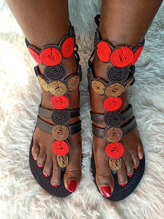 Handmade African Beaded Sandals/Authentic Maasai-Style Leather Flip-Flops Women/Boho Beach Sandals/Comfortable Summer Sandal African Gifts
