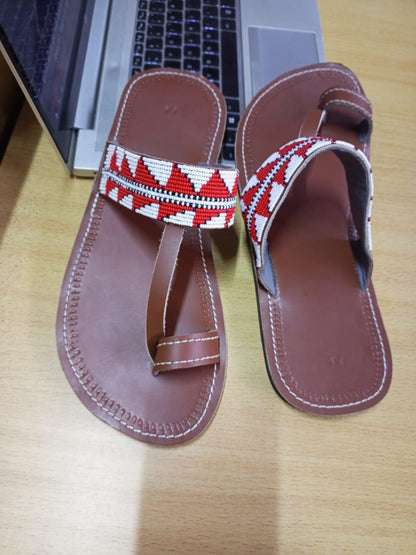 Handmade African Men's Sandals/Genuine Leather Beaded Flip-Flops/Comfortable Summer Sandals for Men/African Shoes/Unique Gift for Him