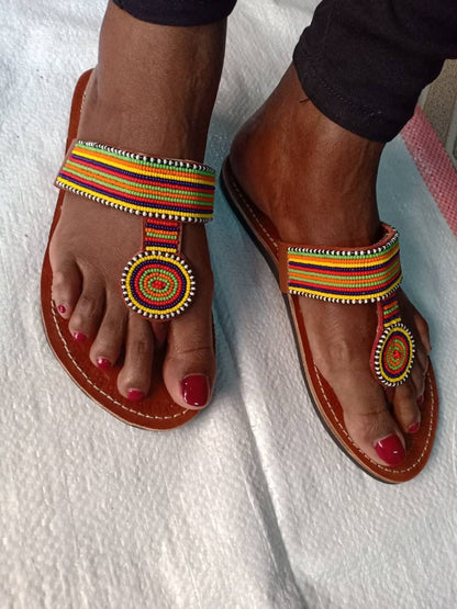 Handmade African Beaded Sandals/Authentic Maasai-Style Leather Flip-Flops Women/Boho Beach Sandals/Comfortable Summer Sandal African Gifts
