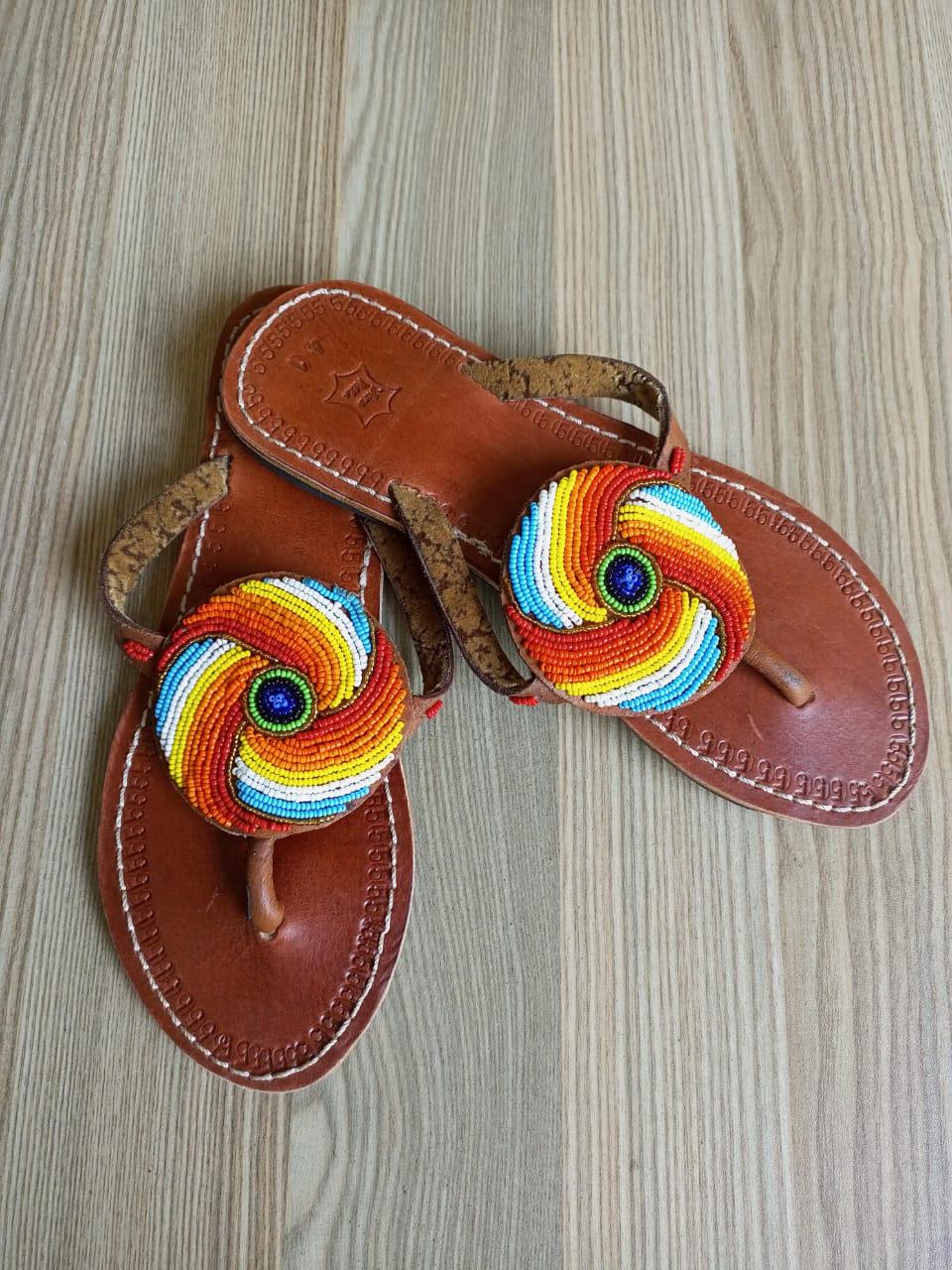Handmade African Beaded Sandals/Authentic Maasai-Style Leather Flip-Flops Women/Boho Beach Sandals/Comfortable Summer Sandal African Gifts