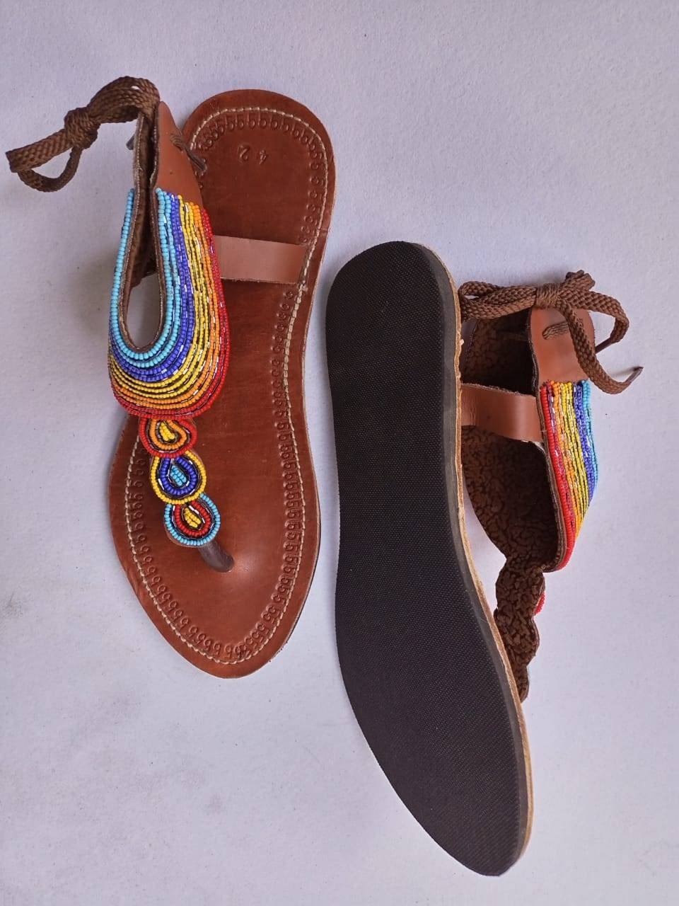 Handmade African Beaded Sandals/Authentic Maasai-Style Leather Flip-Flops Women/Boho Beach Sandals/Comfortable Summer Sandal African Gifts