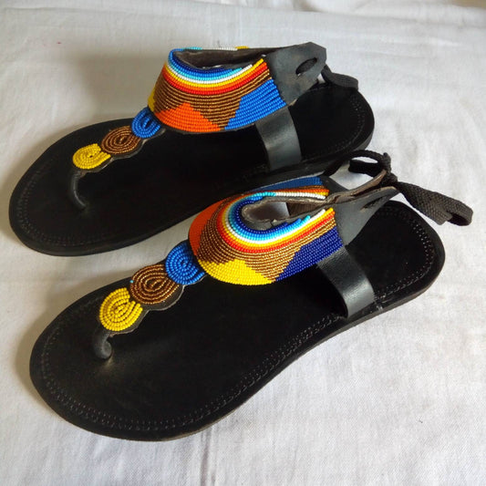 Handmade African Beaded Sandals/Authentic Maasai-Style Leather Flip-Flops Women/Boho Beach Sandals/Comfortable Summer Sandal African Gifts