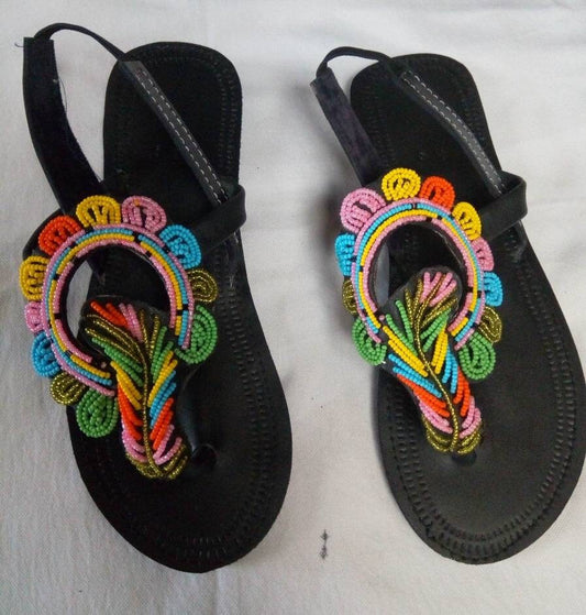 Handmade African Beaded Sandals/Authentic Maasai-Style Leather Flip-Flops Women/Boho Beach Sandals/Comfortable Summer Sandal African Gifts