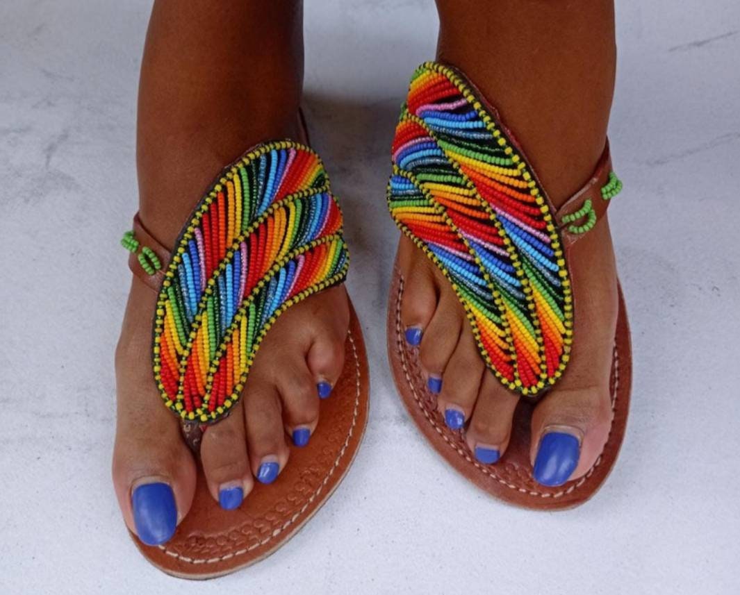 Handmade African Beaded Sandals/Authentic Maasai-Style Leather Flip-Flops Women/Boho Beach Sandals/Comfortable Summer Sandal African Gifts