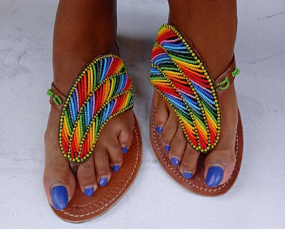 Handmade African Beaded Sandals/Authentic Maasai-Style Leather Flip-Flops Women/Boho Beach Sandals/Comfortable Summer Sandal African Gifts