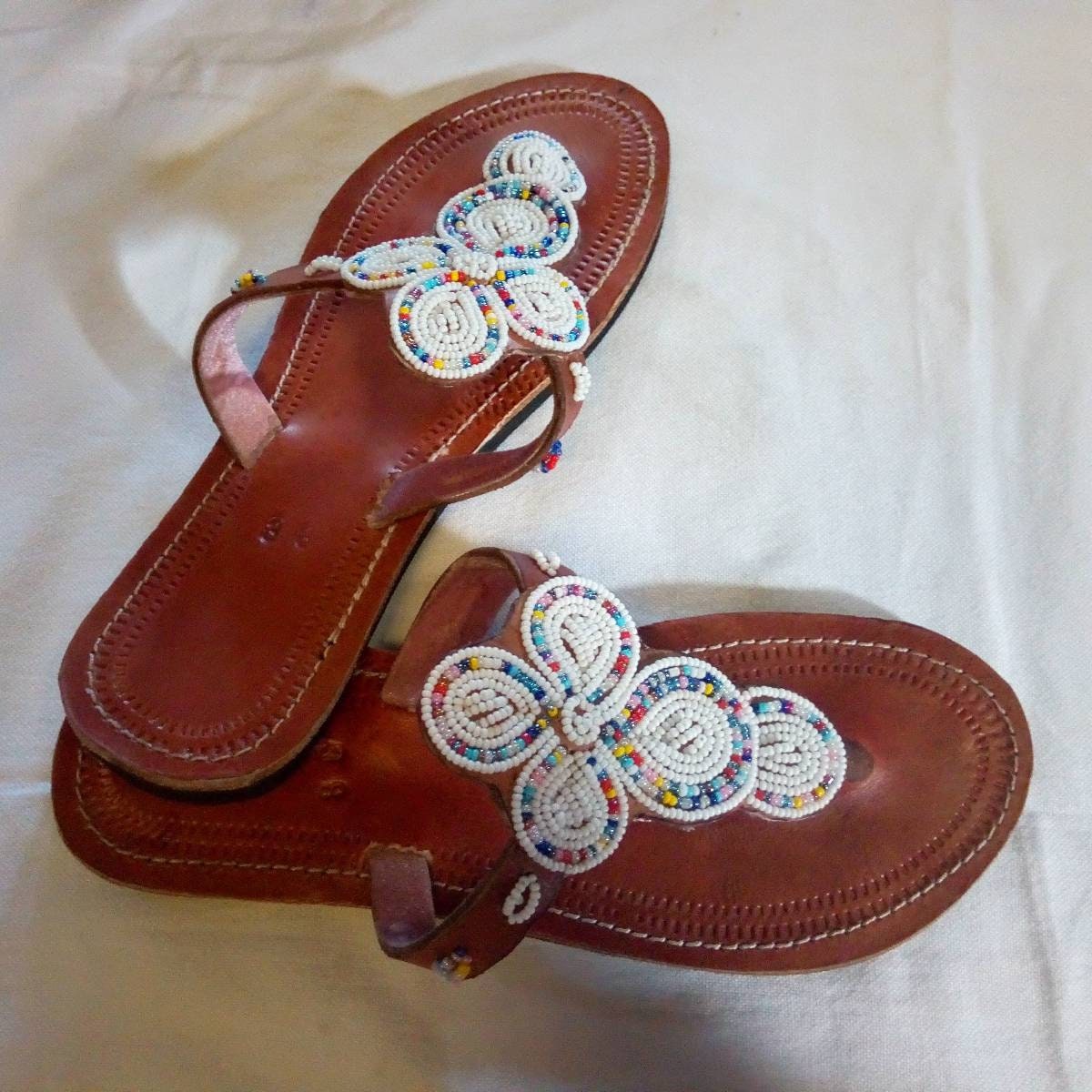 Handmade African Beaded Sandals/Authentic Maasai-Style Leather Flip-Flops Women/Boho Beach Sandals/Comfortable Summer Sandal African Gifts