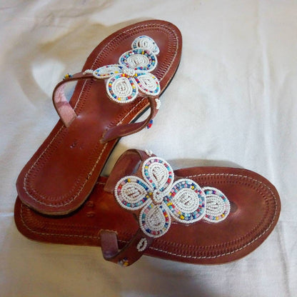 Handmade African Beaded Sandals/Authentic Maasai-Style Leather Flip-Flops Women/Boho Beach Sandals/Comfortable Summer Sandal African Gifts