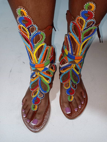 Handmade African Beaded Sandals/Authentic Maasai-Style Leather Flip-Flops Women/Boho Beach Sandals/Comfortable Summer Sandal African Gifts
