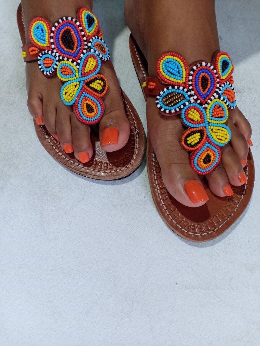 Handmade African Beaded Sandals/Authentic Maasai-Style Leather Flip-Flops Women/Boho Beach Sandals/Comfortable Summer Sandal African Gifts