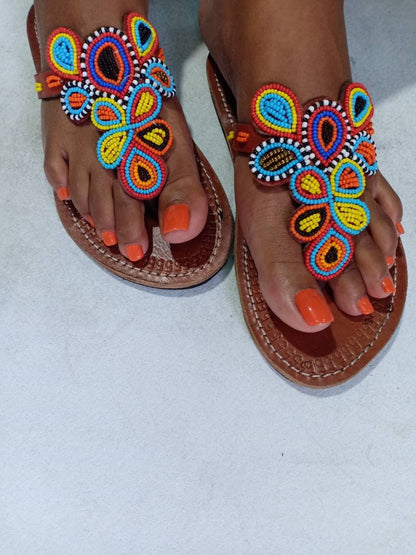 Handmade African Beaded Sandals/Authentic Maasai-Style Leather Flip-Flops Women/Boho Beach Sandals/Comfortable Summer Sandal African Gifts