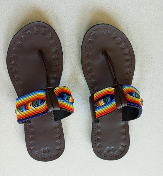 Handmade African Beaded Sandals/Authentic Maasai-Style Leather Flip-Flops Women/Boho Beach Sandals/Comfortable Summer Sandal African Gifts