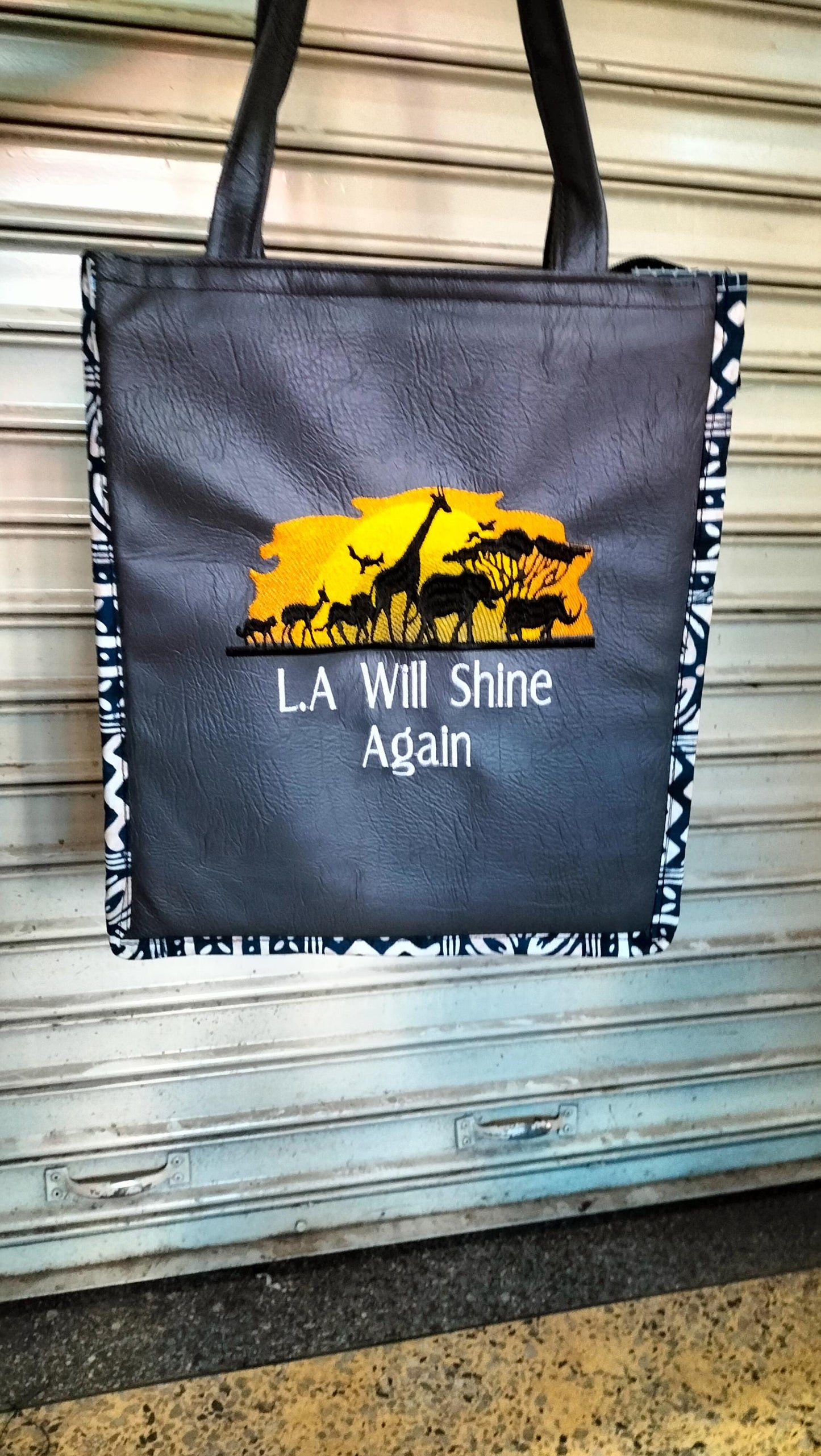 L A will Shine again African Leather Tote bag, handcrafted laptop bag,Black woman modern African tote bag, Stylish tote bag, Brown girl bag.