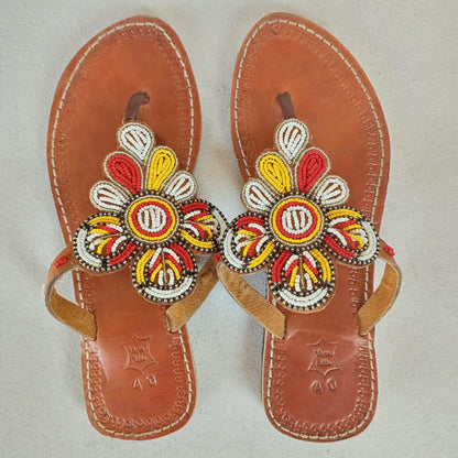 Handmade African Beaded Sandals/Authentic Maasai-Style Leather Flip-Flops Women/Boho Beach Sandals/Comfortable Summer Sandal African Gifts