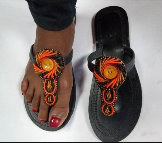 Handmade African Beaded Sandals/Authentic Maasai-Style Leather Flip-Flops Women/Boho Beach Sandals/Comfortable Summer Sandal African Gifts