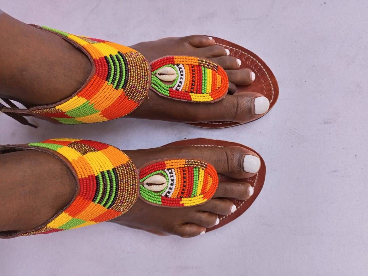 Handmade African Beaded Sandals/Authentic Maasai-Style Leather Flip-Flops Women/Boho Beach Sandals/Comfortable Summer Sandal African Gifts