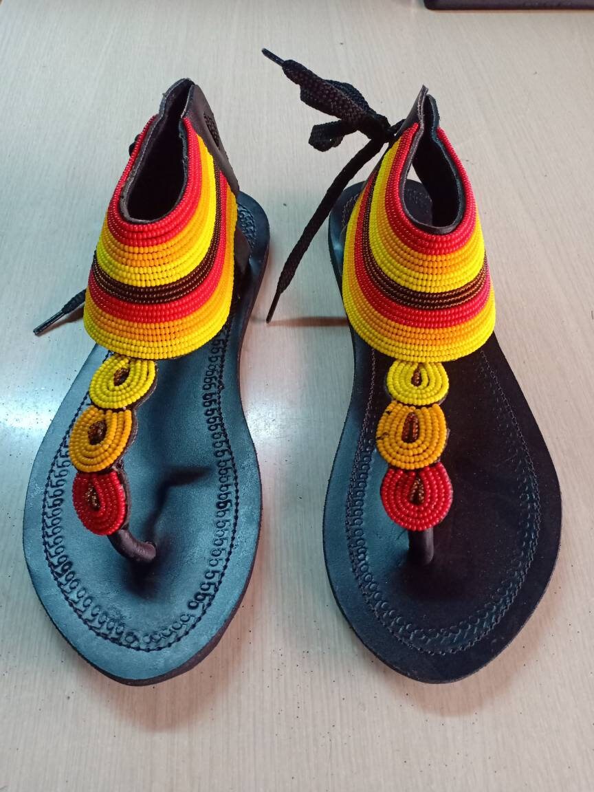 Handmade African Beaded Sandals/Authentic Maasai-Style Leather Flip-Flops Women/Boho Beach Sandals/Comfortable Summer Sandal African Gifts