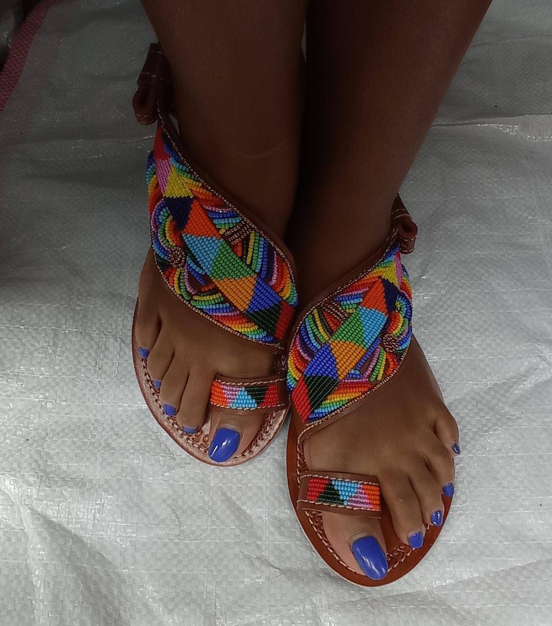 Handmade African Beaded Sandals/Authentic Maasai-Style Leather Flip-Flops Women/Boho Beach Sandals/Comfortable Summer Sandal African Gifts