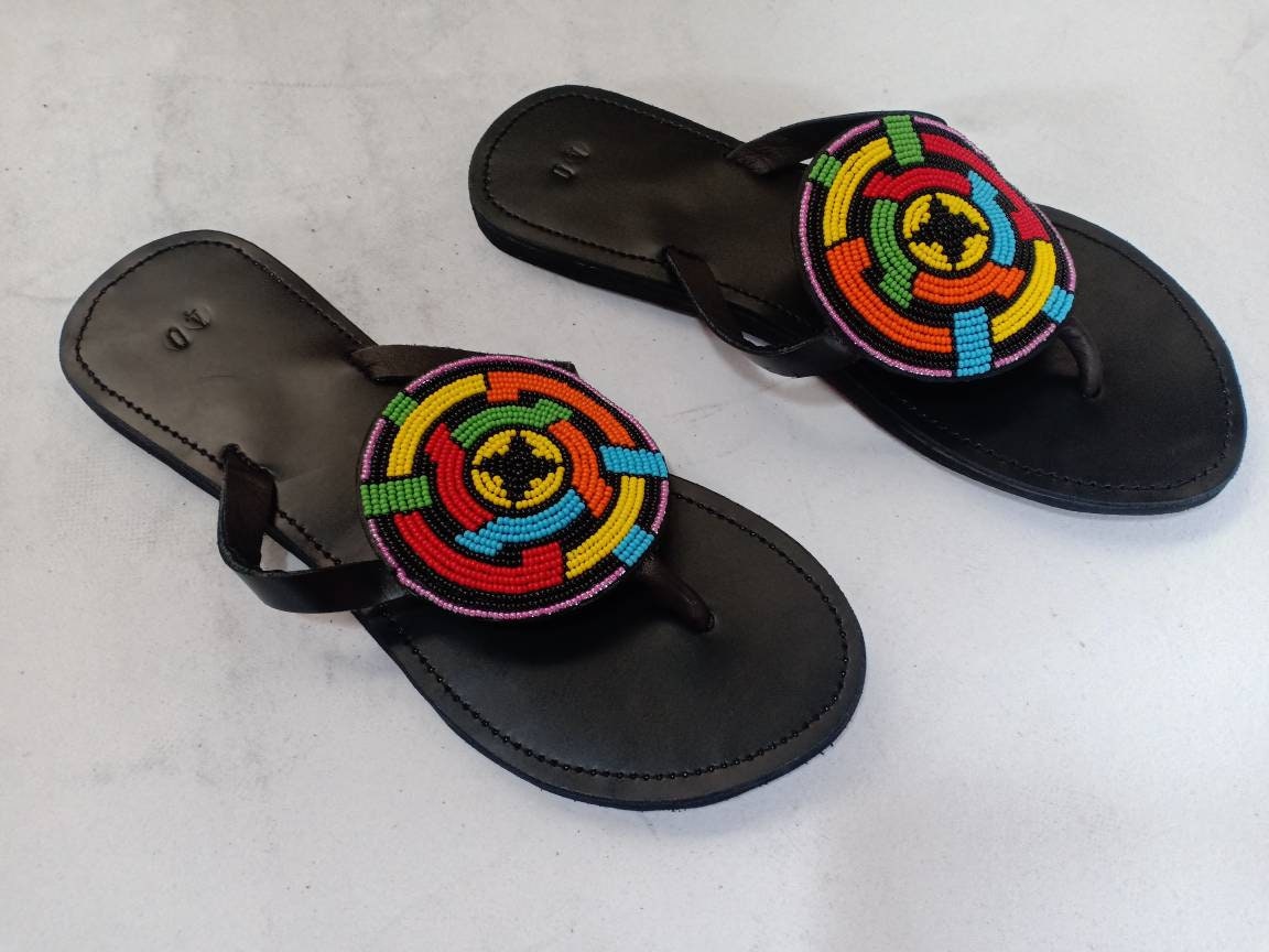 Handmade African Beaded Sandals/Authentic Maasai-Style Leather Flip-Flops Women/Boho Beach Sandals/Comfortable Summer Sandal African Gifts