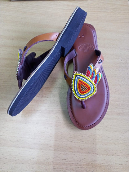 Handmade African Beaded Sandals/Authentic Maasai-Style Leather Flip-Flops Women/Boho Beach Sandals/Comfortable Summer Sandal African Gifts
