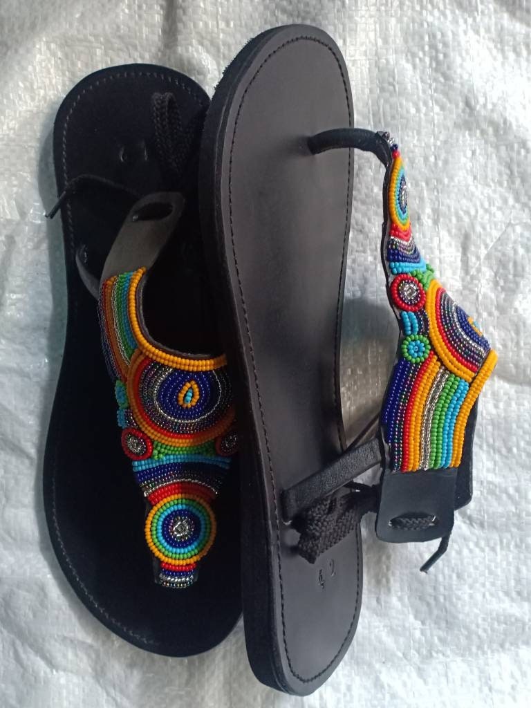 Handmade African Beaded Sandals/Authentic Maasai-Style Leather Flip-Flops Women/Boho Beach Sandals/Comfortable Summer Sandal African Gifts
