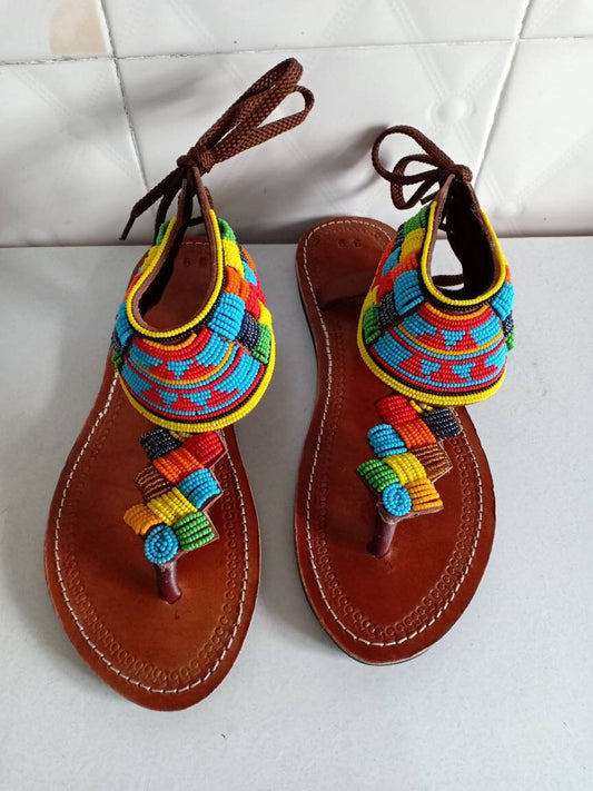 Handmade African Beaded Sandals/Authentic Maasai-Style Leather Flip-Flops Women/Boho Beach Sandals/Comfortable Summer Sandal African Gifts