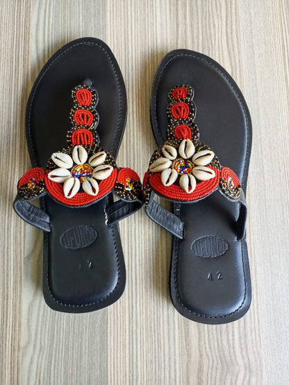 Handmade African Beaded Sandals/Authentic Maasai-Style Leather Flip-Flops Women/Boho Beach Sandals/Comfortable Summer Sandal African Gifts