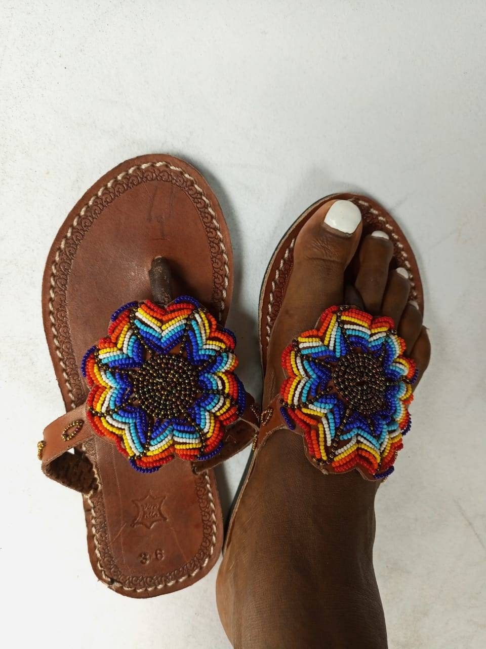 Handmade African Beaded Sandals/Authentic Maasai-Style Leather Flip-Flops Women/Boho Beach Sandals/Comfortable Summer Sandal African Gifts