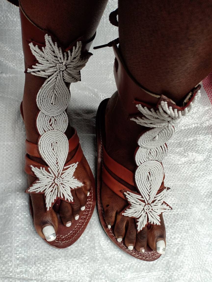 Handmade African Beaded Sandals/Authentic Maasai-Style Leather Flip-Flops Women/Boho Beach Sandals/Comfortable Summer Sandal African Gifts