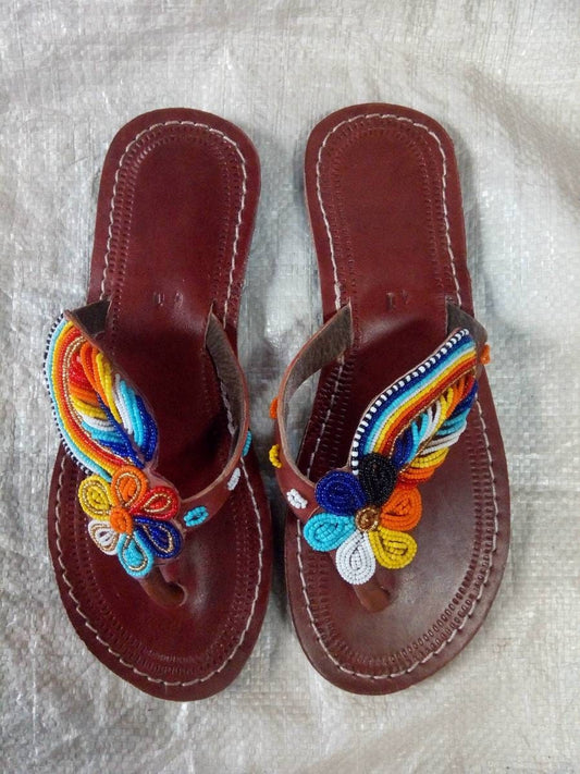 Handmade African Beaded Sandals/Authentic Maasai-Style Leather Flip-Flops Women/Boho Beach Sandals/Comfortable Summer Sandal African Gifts