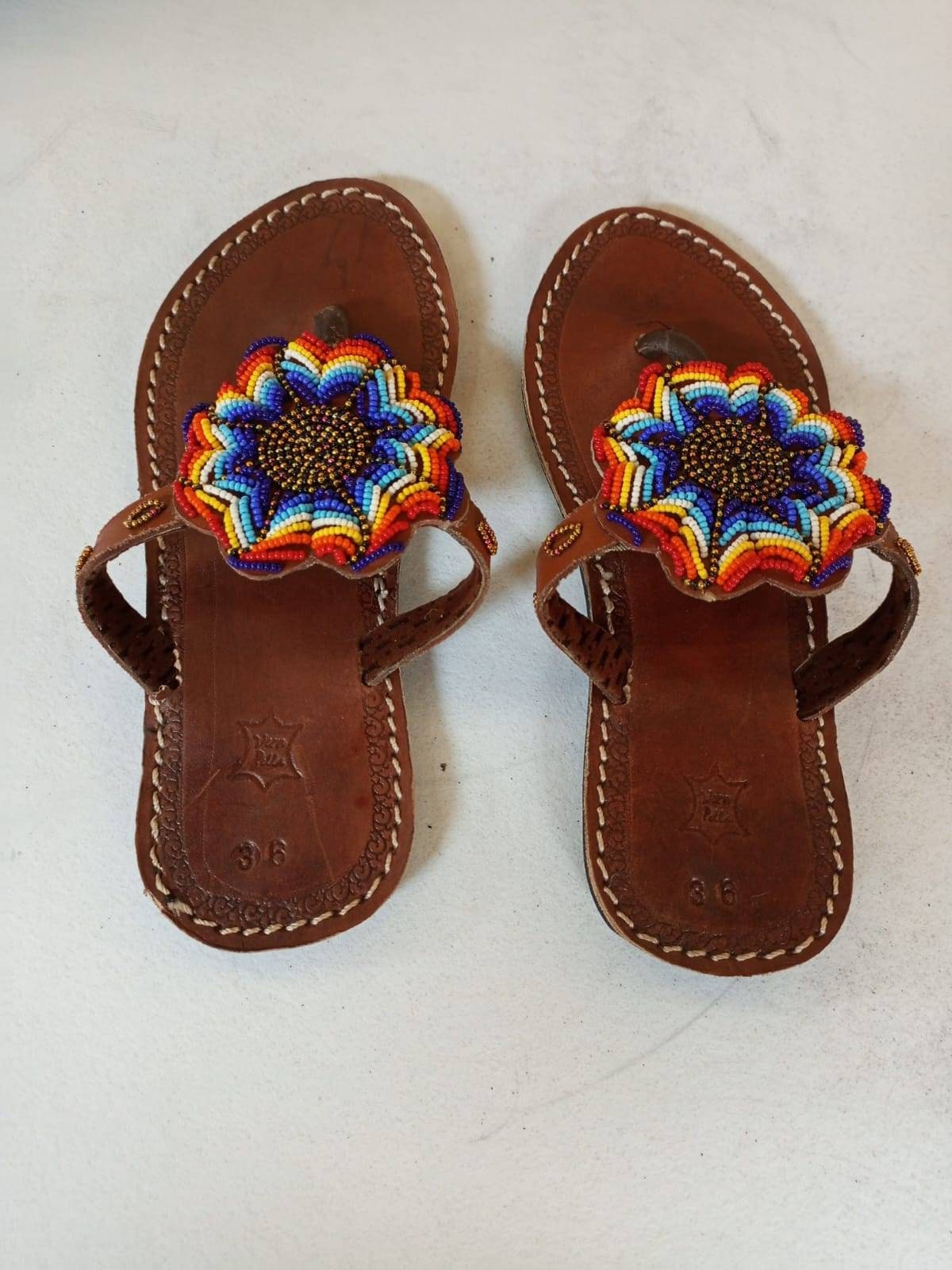 Handmade African Beaded Sandals/Authentic Maasai-Style Leather Flip-Flops Women/Boho Beach Sandals/Comfortable Summer Sandal African Gifts